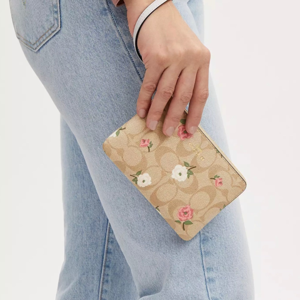 Coach Corner Zip Wristlet In Signature Canvas With Floral Print